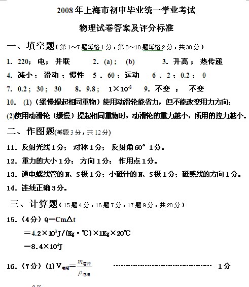 2008年上海市初中毕业生统一学业考试物理试