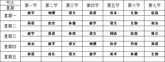 初一(12)班课程表张雪芳