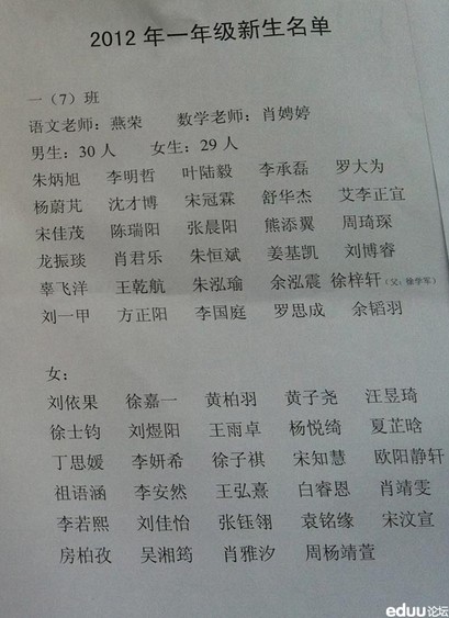 2012武汉幼升小:育才二小新生名单班级公布(9