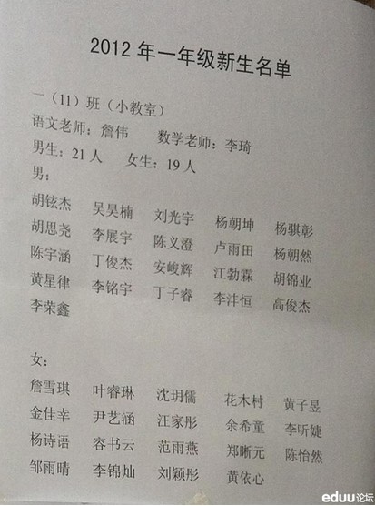 2012武汉幼升小:育才二小新生名单班级公布(1