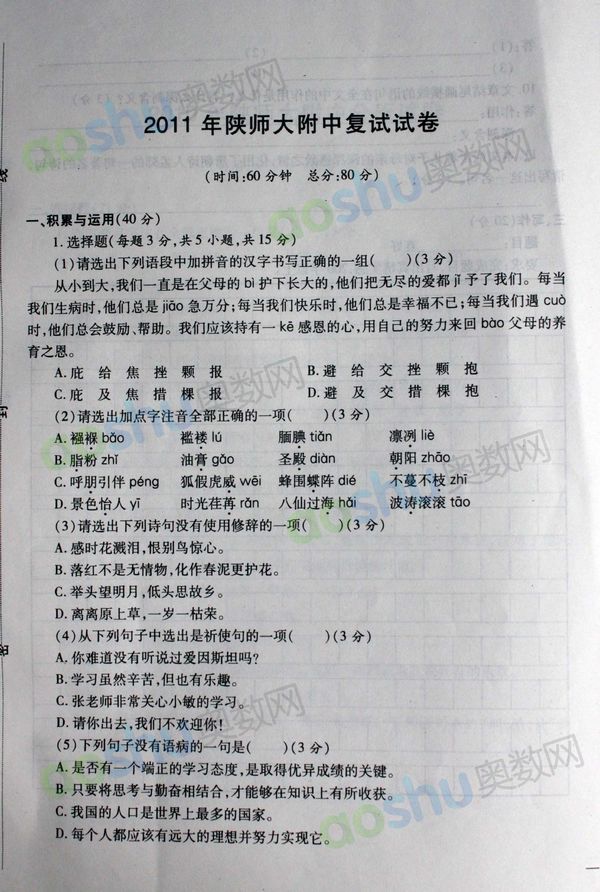 北师大小升初试卷