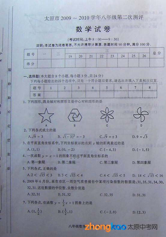 【去年昭通数学八年级下册考试试题】