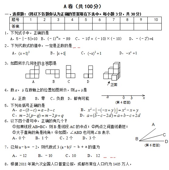 【陕西七年级下数学期末测试卷】