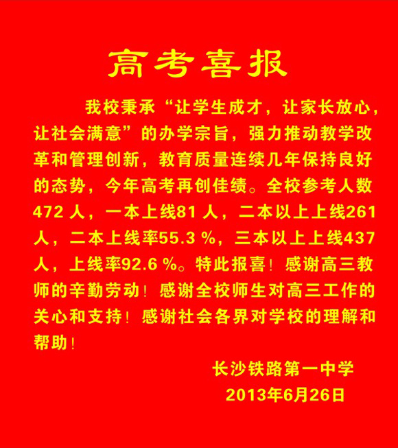 长沙中考网:20年湖南高考成绩已公布,长铁20年高考喜报如下