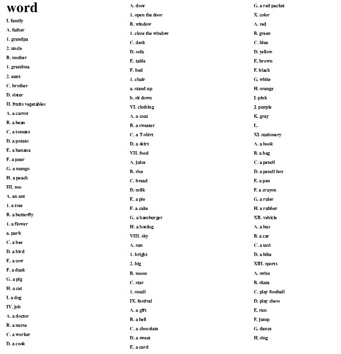 苏教版二年级英语课本上册:Word List