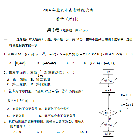 2014年北京高考理科数学预测题及答案_高考网