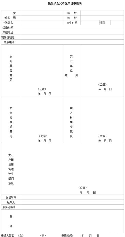 2015深圳小升初:<em>独生子女父母光荣证申请表</em>_