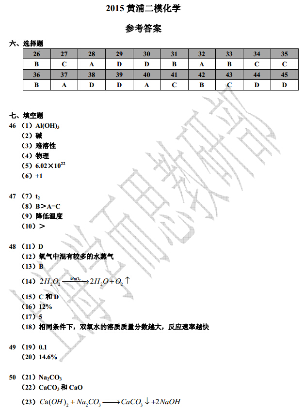 2015年上海九年级初三黄浦区二模化学答案