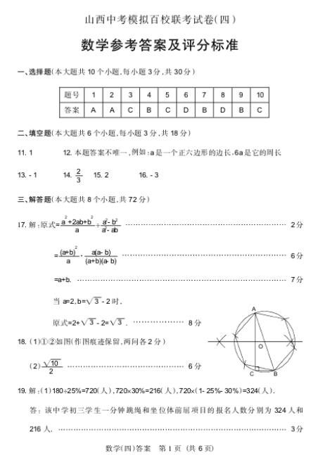 中考四模 山西省2015届中考模拟百校联考(四)数学试题 扫描版含答案