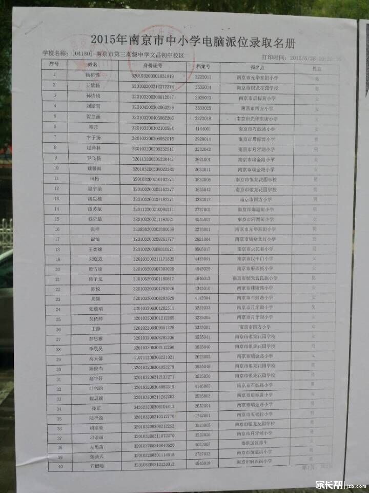南京三中文昌分校2015年电脑派位录取名单_南