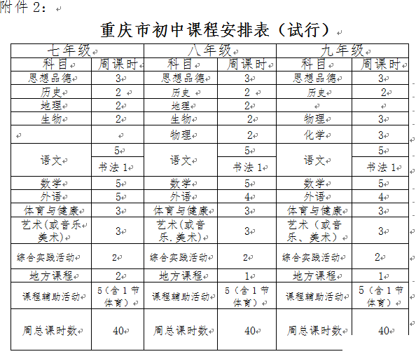 初中课程安排表