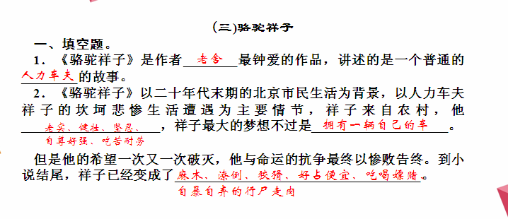 2016年浙江湖州中考重点名著训练:骆驼祥子(一