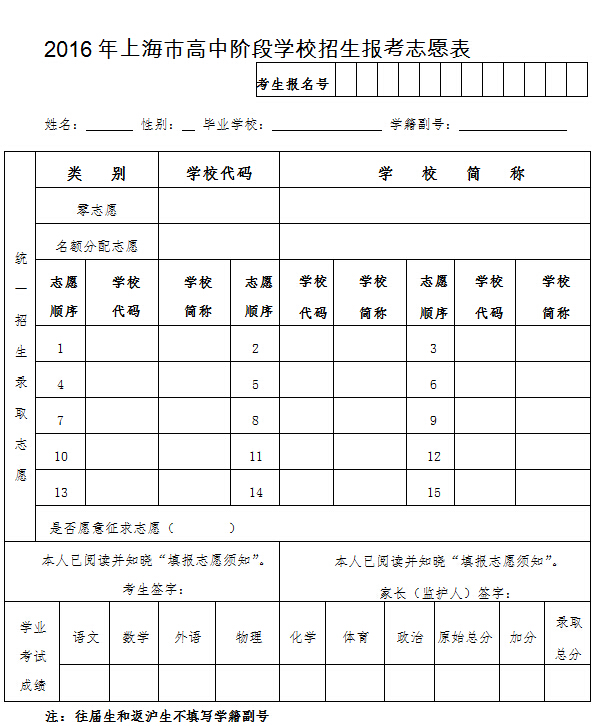 2016年上海市高中阶段学校招生报考志愿表_上