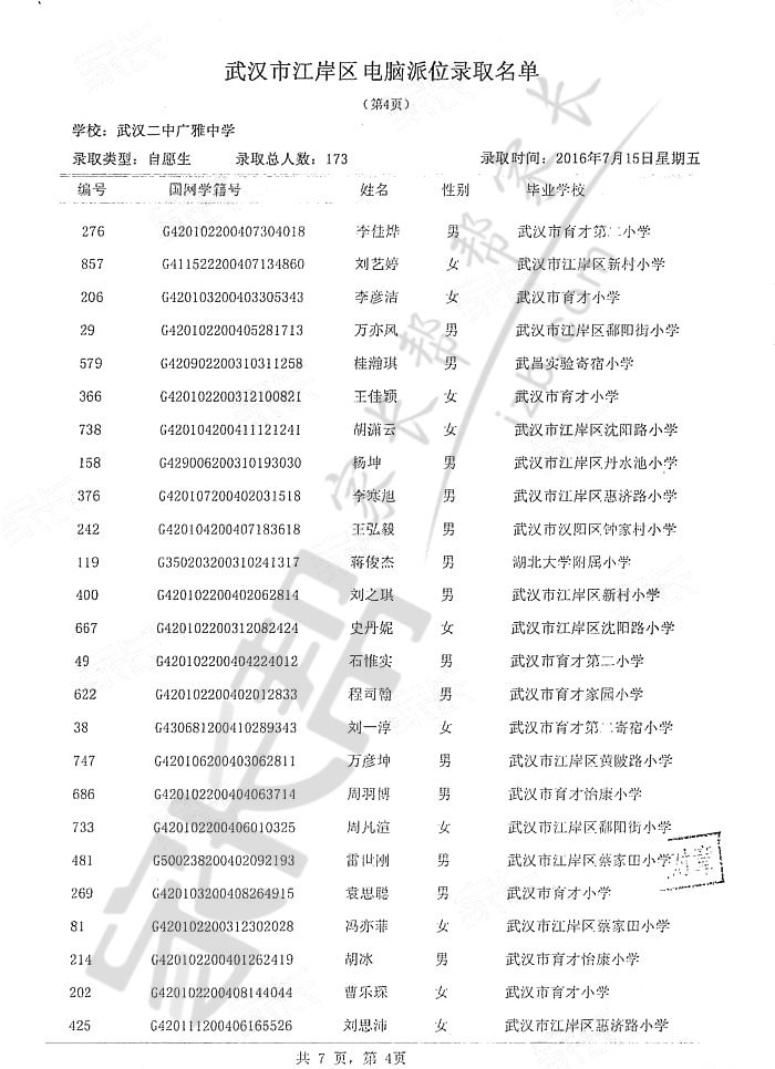 2016武汉二中广雅小升初摇号录取名单(3)