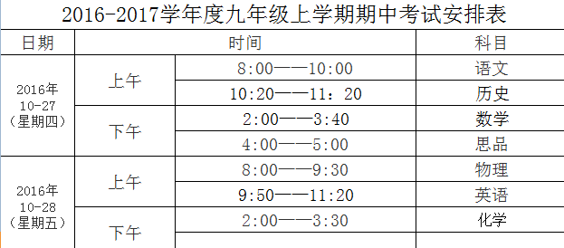 2016-2017学年合肥五十中九年级期中考试时间