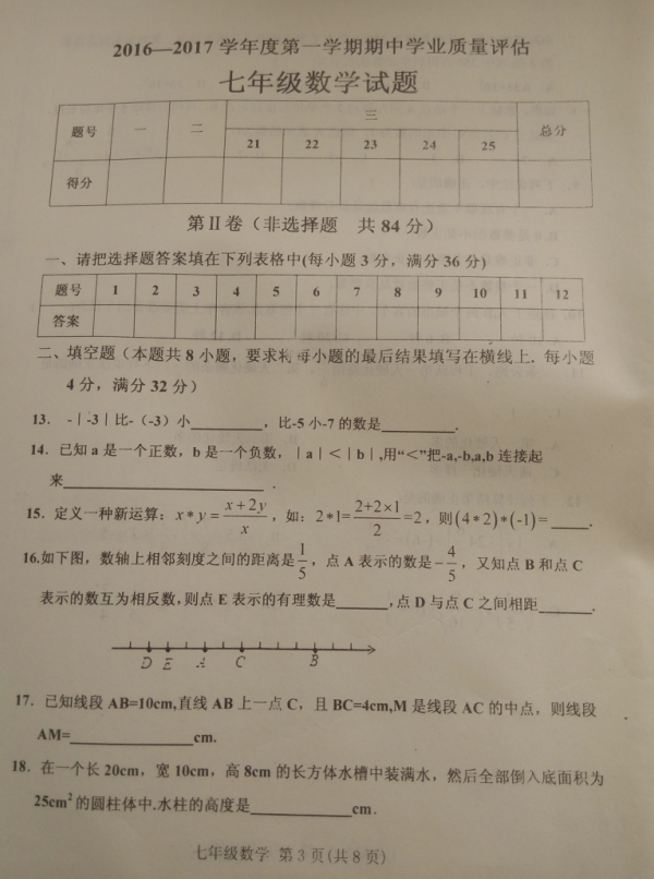 山东潍坊临朐县2016-2017学年初一上期中数学
