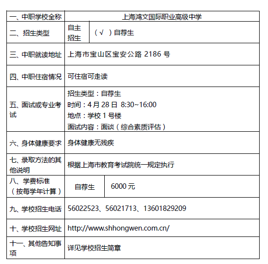 2017上海中职学校提前批招生公示:上海鸿文国