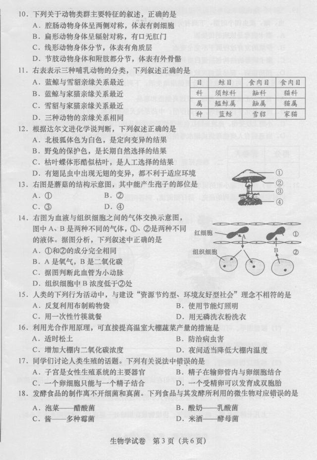 2017年安徽蚌埠初中生地会考生物试题及答案