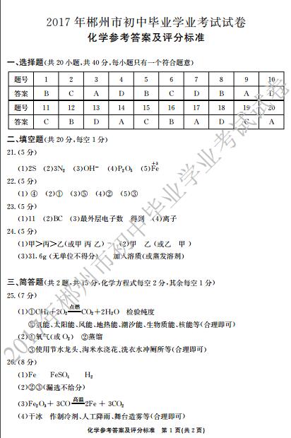 2017年湖南郴州中考化学试卷答案_中华网考试