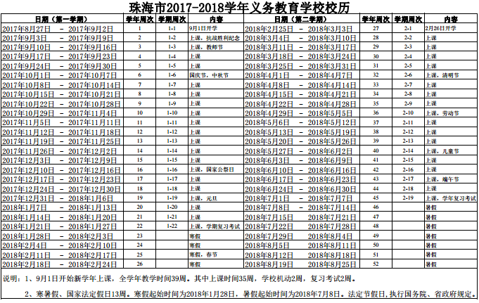 2017-2018学年广东珠海中小学校历公布