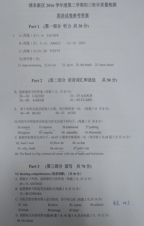 上海浦东新区2016-2017学年九年级二模英语试