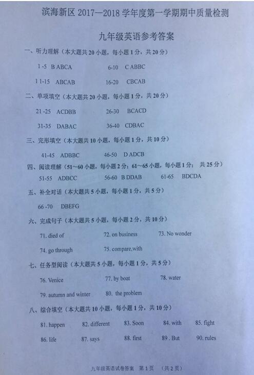 2018届天津滨海中学九年级上英语期中试题答