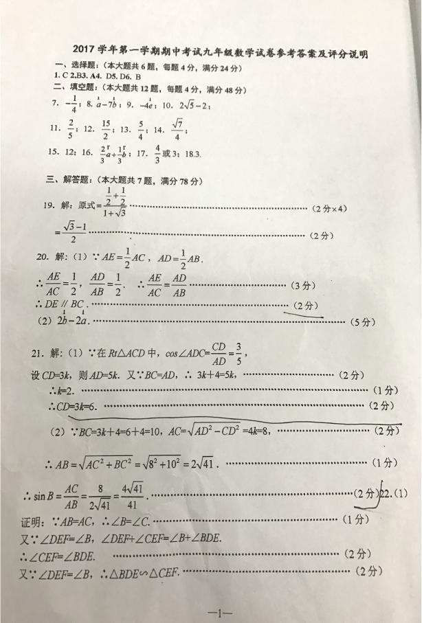 2018届上海黄浦卢湾中学九年级上数学期中试