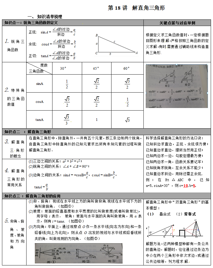 2018中考数学知识点梳理:解直角三角形