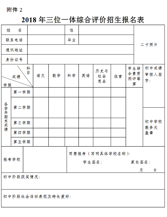 2018宁波市三位一体综合评价招生报名表_中考报名_中考网