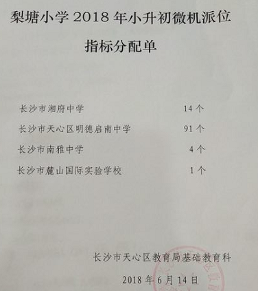 2018年长沙天心区梨塘小学微机派位指标