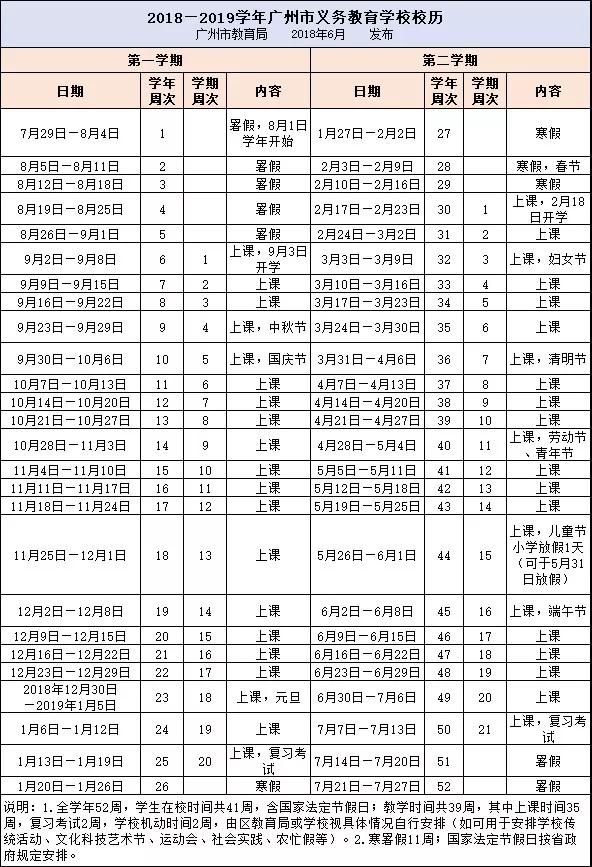 2018-2019学年广州中小学校历公布