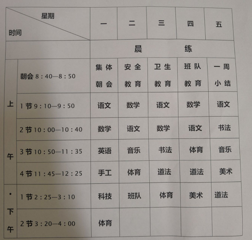 2018年重庆市大坪小学一年级课程表