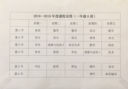 2018年重庆市大学城树人小学一年级课程表