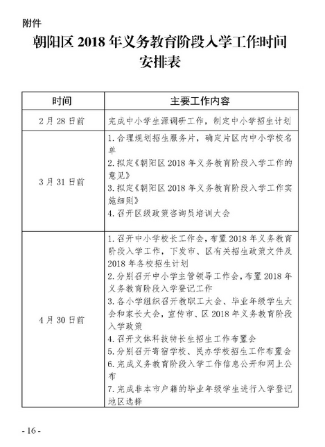 2018年北京朝阳区义务教育入学工作安排时间表