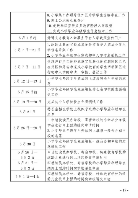 2018年北京朝阳区义务教育入学工作安排时间表