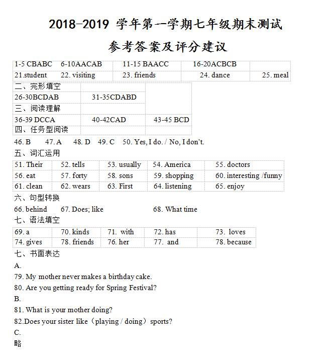 2018-2019浙江衢州七年级上英语期末试题答案