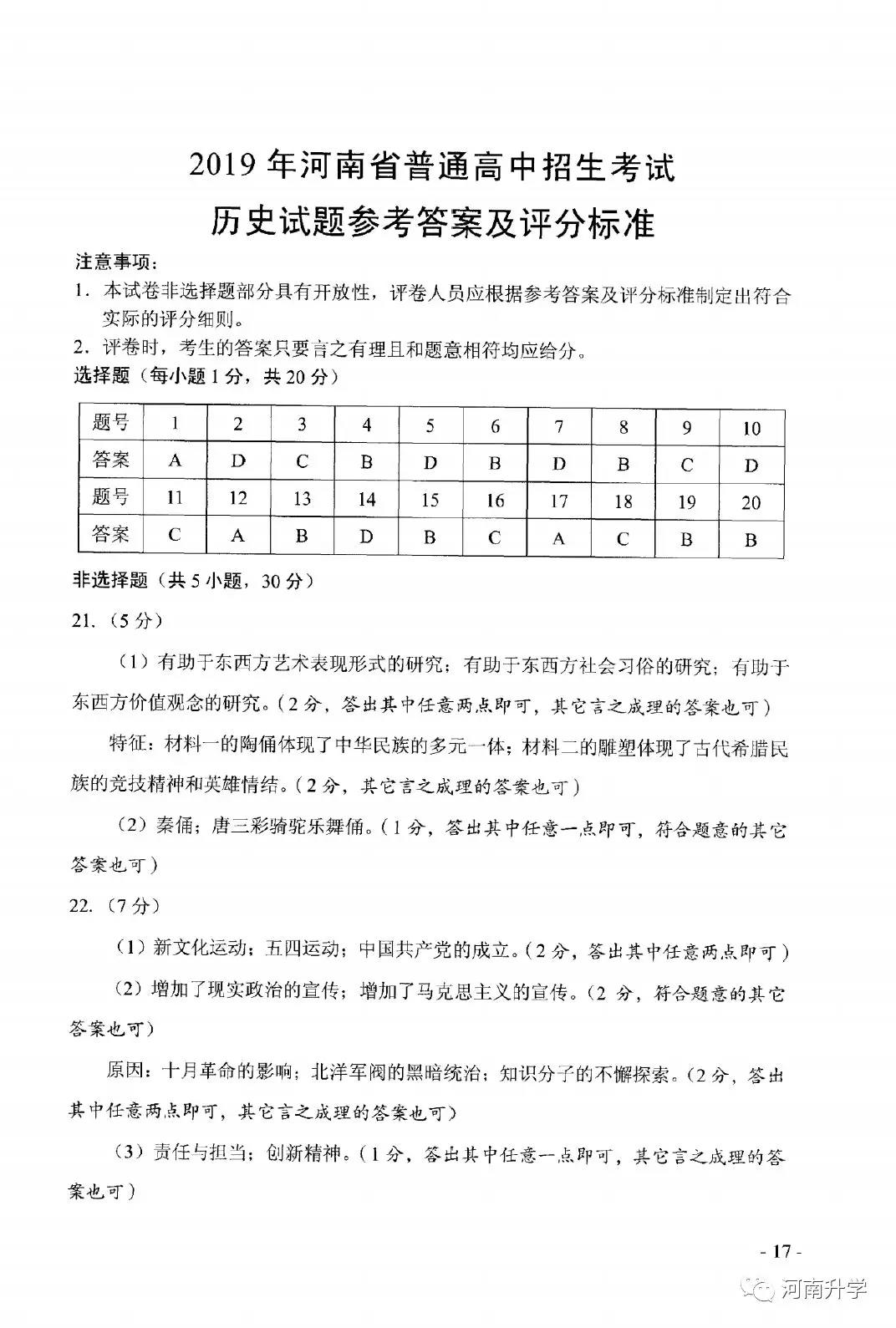 2019年河南省中考统考历史真题参考答案