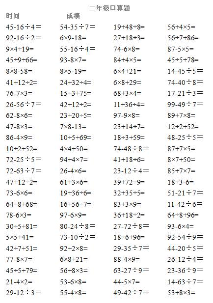 小学二年级100以内混合运算每日一练(五)