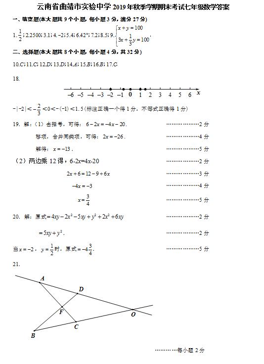 20192020云南曲靖实验中学七年级上数学期末试卷答案图片版