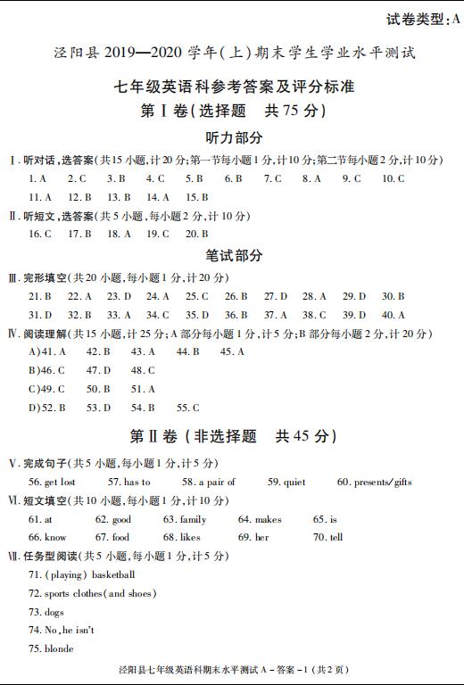 2019-2020陕西咸阳市泾阳县七年级上期末英语试题答案(下载版)