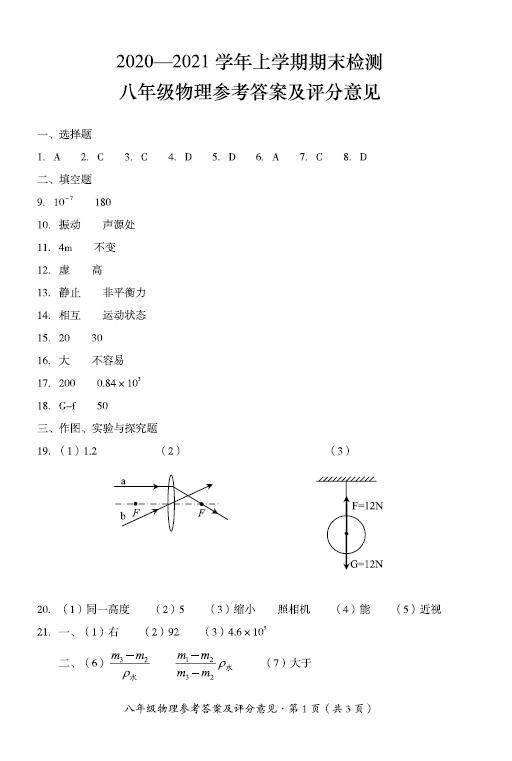 2021年云南昆明八上物理期末试题答案(下载版)