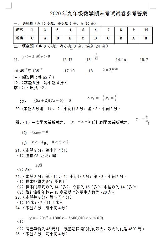 2021年湖南邵阳绥宁九上数学期末试卷答案(下载版)