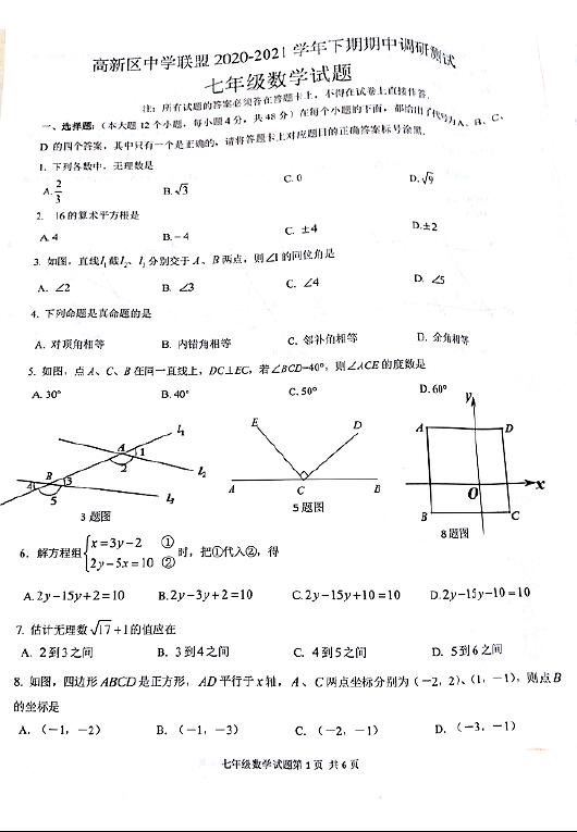 2021年重庆高新中学联盟七下期中数学试题(下载版)