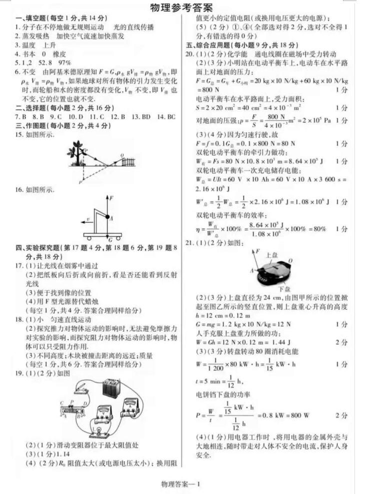 2021河南许昌襄城第一中学九下五模物理试题答案下载版