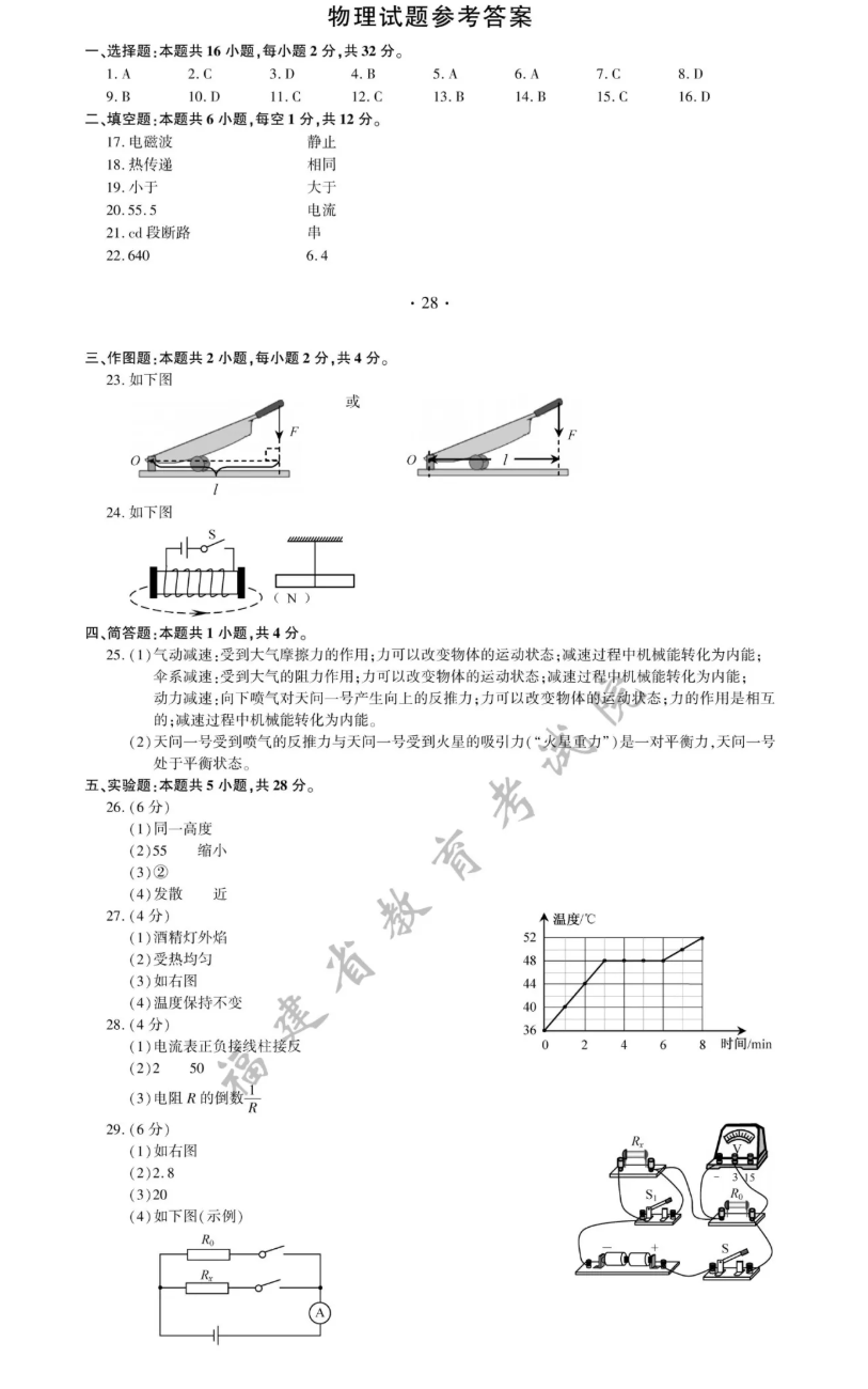 2021年福建省中考物理真题答案图片版