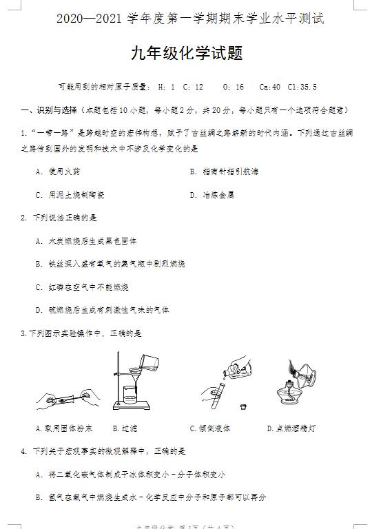 2021年山东菏泽巨野九上期末化学试题(下载版)