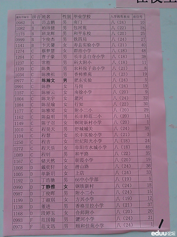 2012合肥四十六中小升初录取名单