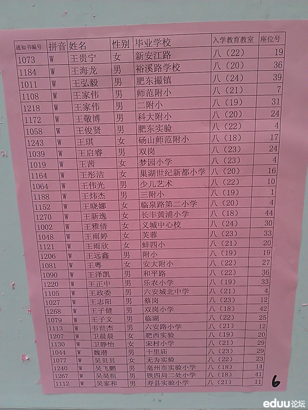 2012合肥四十六中小升初录取名单