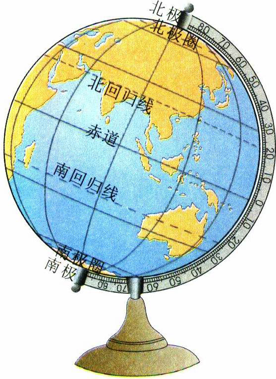 南,北极,赤道,南,北回归线,南北极圈.在地球仪上识记以下内容.