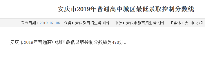 2019年安徽安庆中考高中招生录取最低分数线